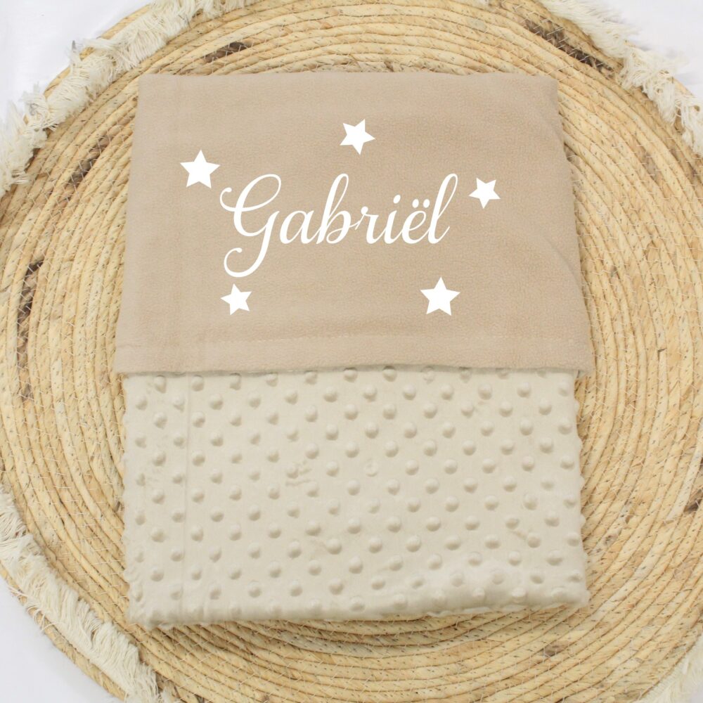 zand kleurige Baby deken met naam en sterren, coffee noppen deken